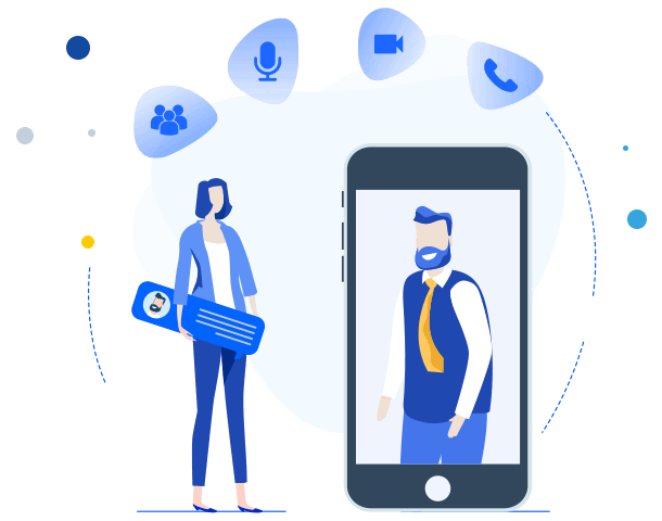 A woman holding a speech bubble icon and a man inside a smart phone frame